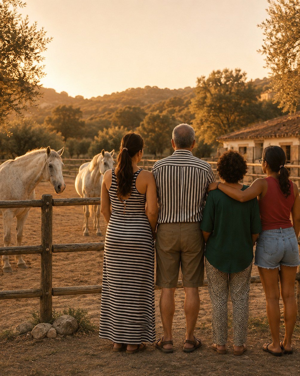 Familia junto a una valla observando a dos caballos al atardecer