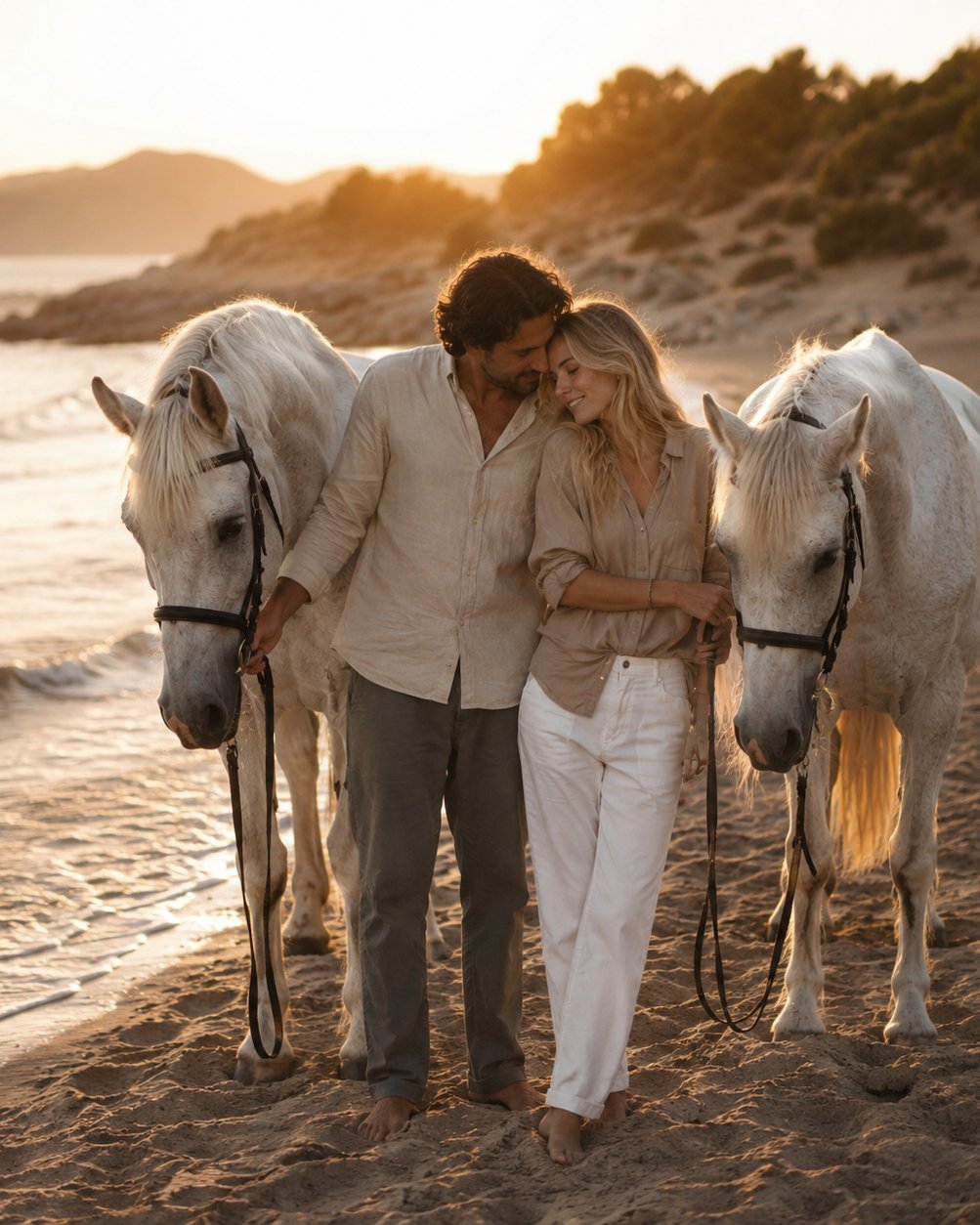 Pareja caminando junto a dos caballos en la playa