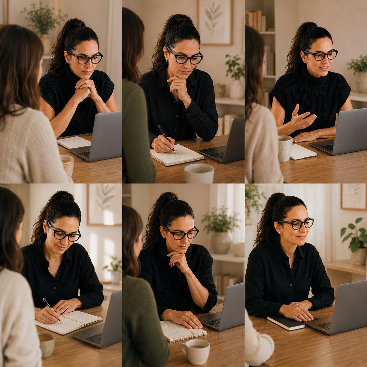 Secuencia de seis momentos de una sesión online, mostrando el recorrido de una conversación