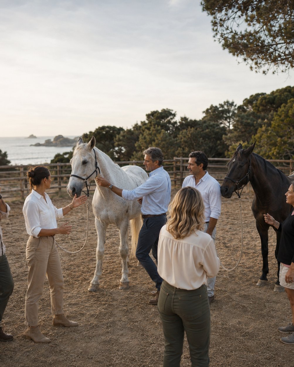 Grupo trabajando dinámicas con caballos al aire libre